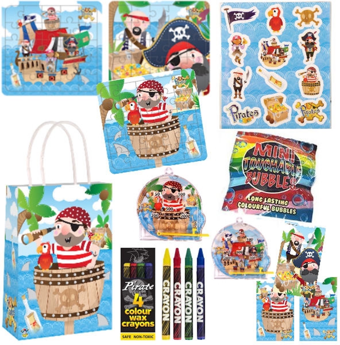 10 STUKS | LUXE PIRATEN Traktatie Tas INCLUSIEF Uitdeel Kados. Bestaande uit: Tasje, Krijtjes, Notitieblok, Flipperspel, Puzzel, Stickervel en Bellenblaas | Jongens | Tractatiedozen voor Verjaardagen en Kinderfeestjes